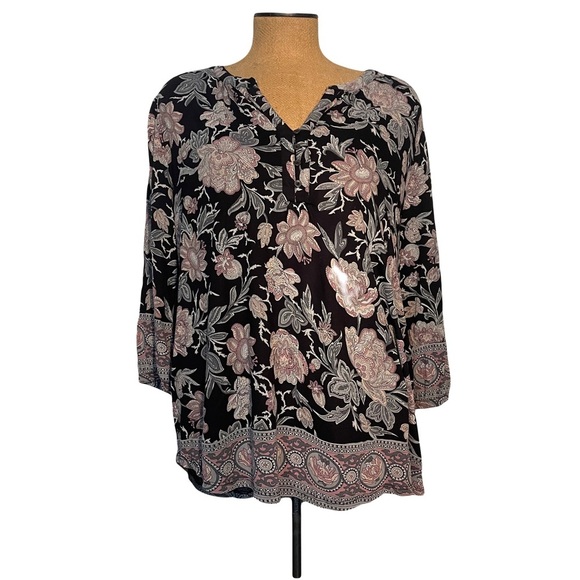 Lucky Brand Floral Paisley Black & Pink Women's top Boho size 1X 100% viscose - Picture 1 of 10